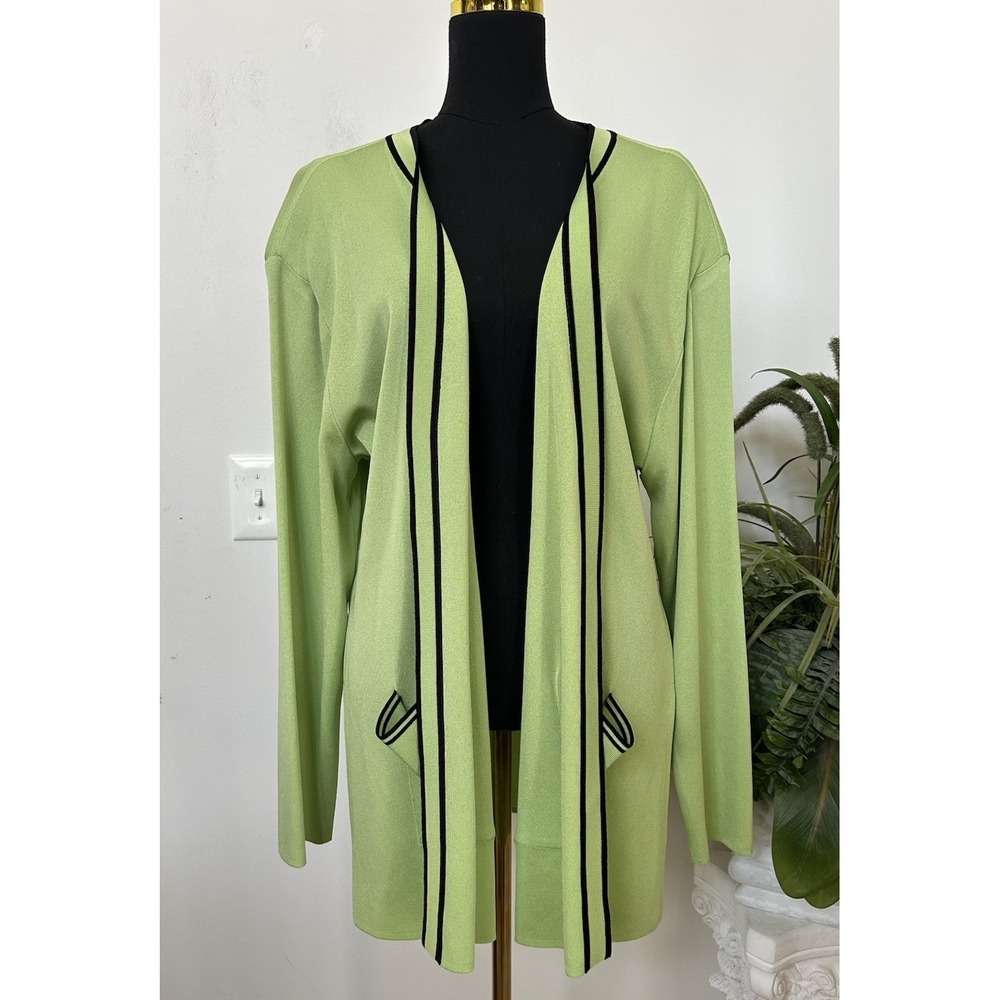 Misook Lime Olive Green Knit Long Cardigan Jacket Black Stripe Workwear Size 3X